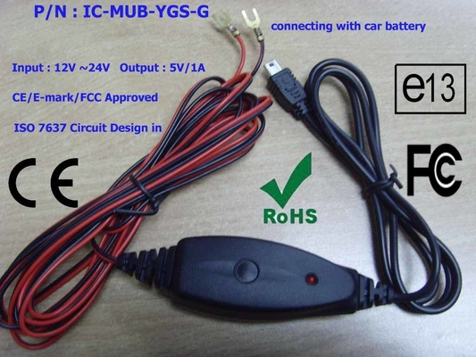 Hard Wire High Output Car Charger With Dash Cam , 12V To 5V Iphone Auto Charger