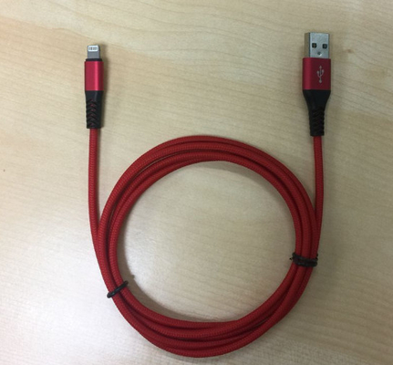 Red IPhone Lightning Cable Car Charger Nylon Braided With 8 Pin Connector